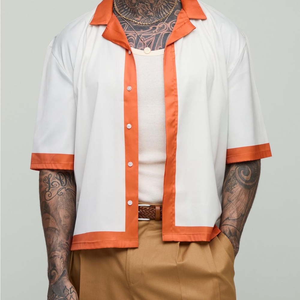 Boohoo Mens White and Orange Casual Button Down Shirt